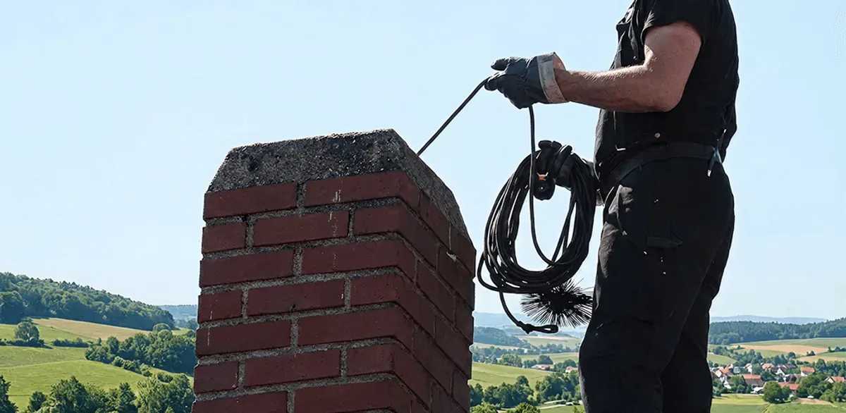 Chimney sweep inspecting and cleaning a rooftop chimney in Bloomington, IN