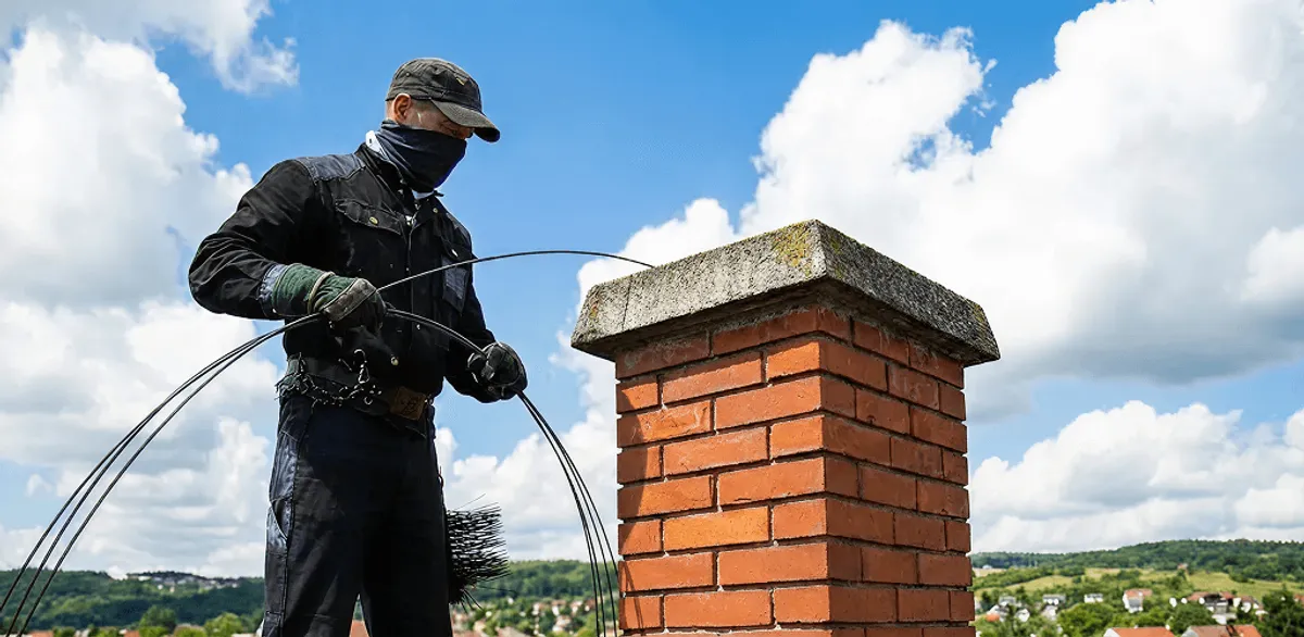 Chimney sweep cleaning a brick chimney with professional tools in Bloomington, IN