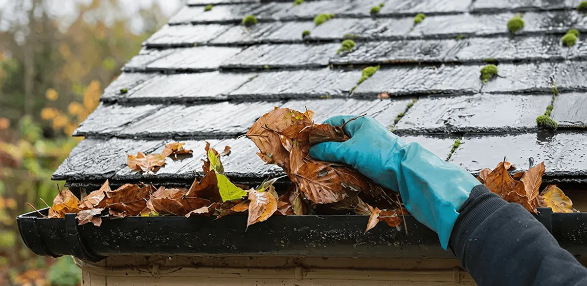 Gutter cleaning technician clearing wet leaves from roof gutters in Bloomington, IN