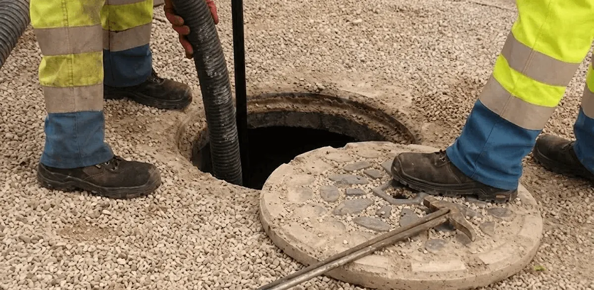 Drain cleaning crew clearing a sewer access point with professional equipment in Bloomington, IN